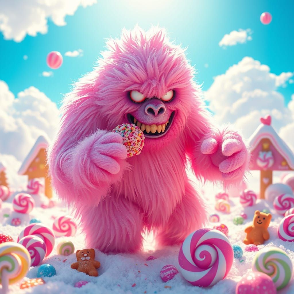 Sugar-Coated Yeti in Whimsical Candyland Wonderland