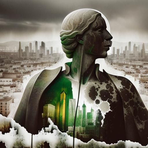 Double Exposure: Marble Statue and Dystopian Cityscape