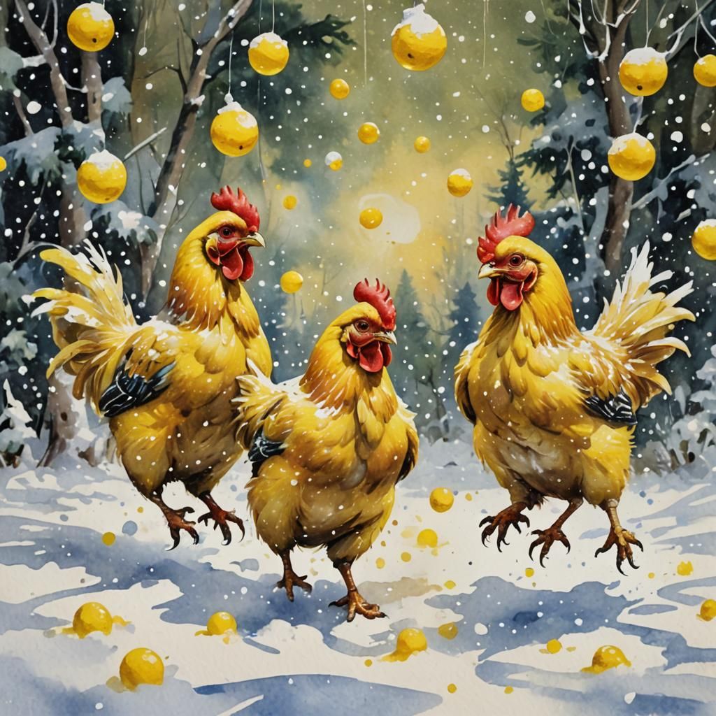 Yellow Chickens Snowball Fight in Gouache Watercolor