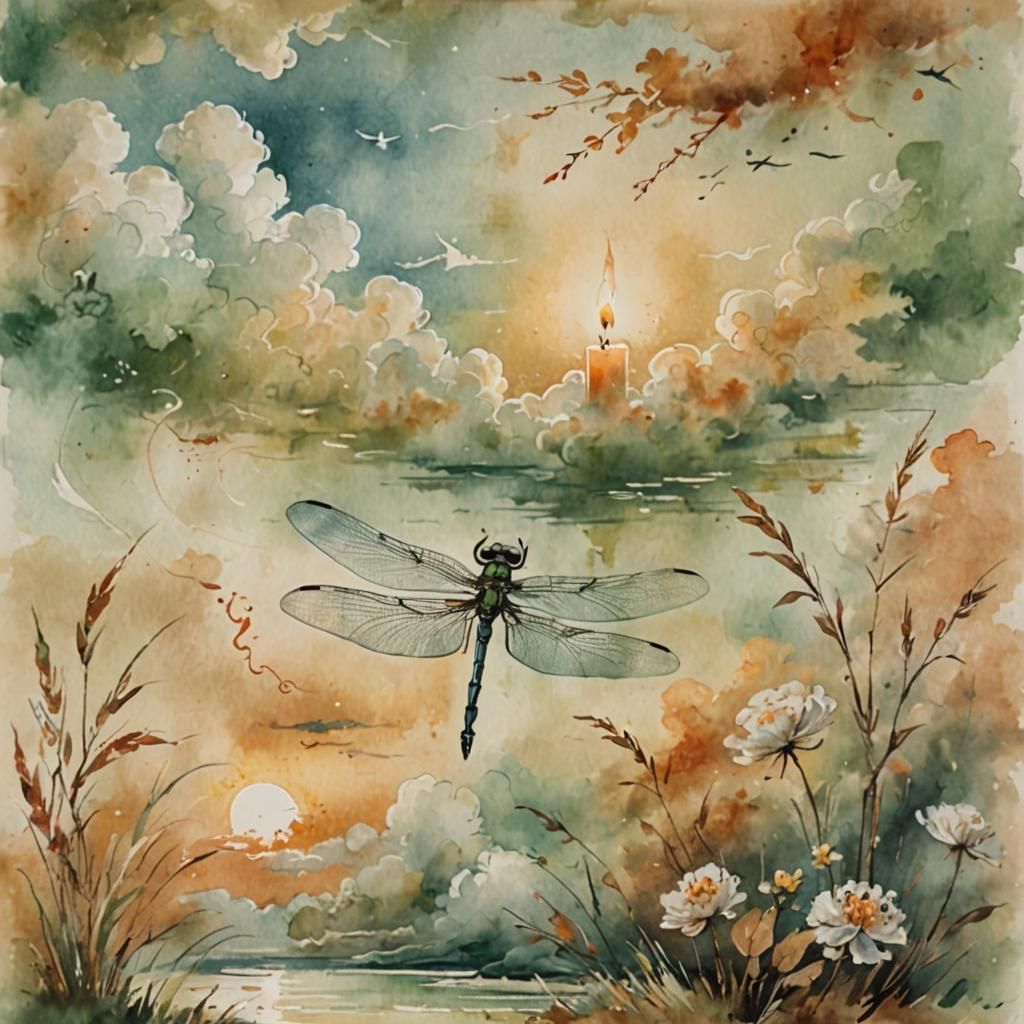 Dragonfly Over Serene Landscape in Watercolor Style