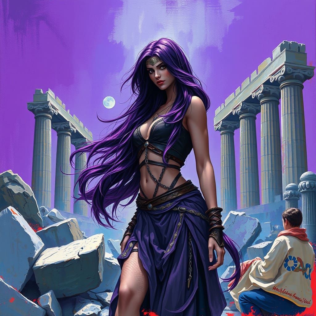 Mystical Woman in Ancient Greek Ruins: Painterly Style