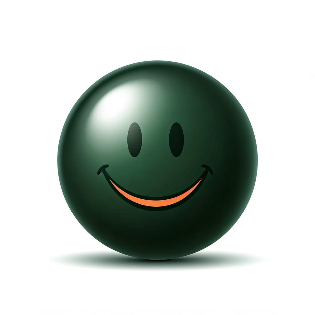 A flat vector style digital illustration of a simple dark green ball with a smooth, glossy appearance. On the surface of...