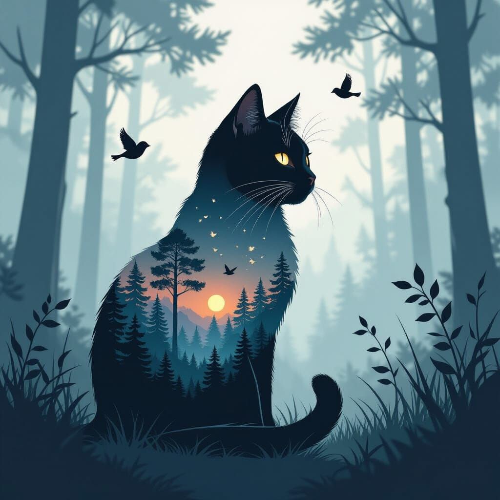 Cat Silhouette Filled with Dreamy Forest Scene