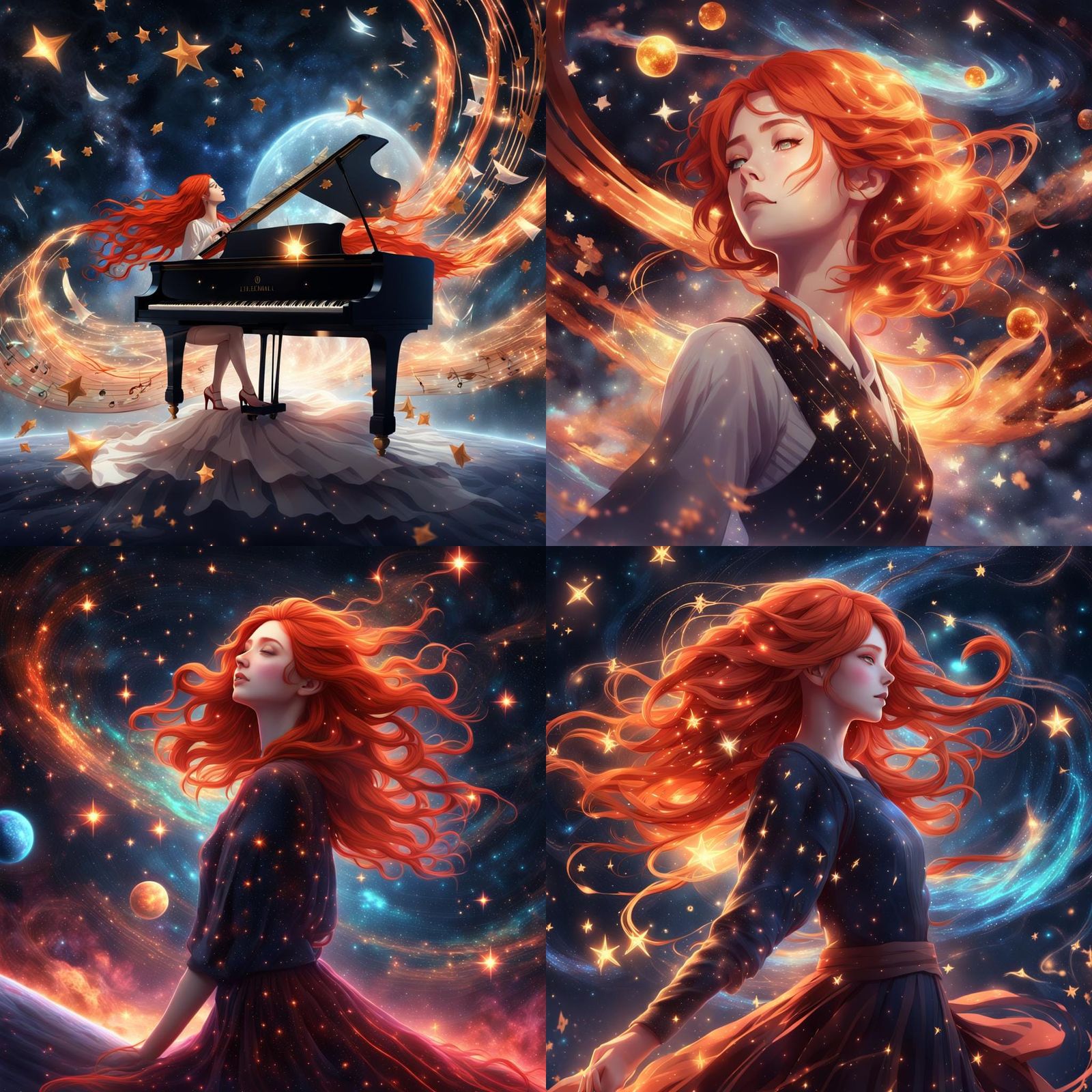 Woman with Flowing Red Hair Among Stars