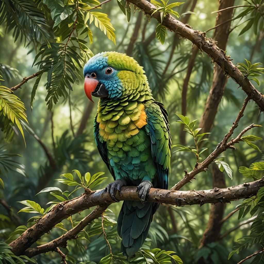 Adorable Baby Parrot in Forest: Hyper-Realistic Digital Art