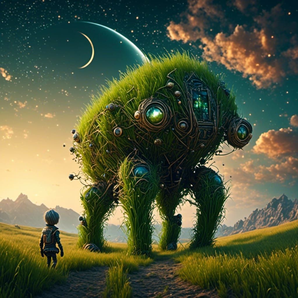 Giant Strolls Through Starry Grassland Plains