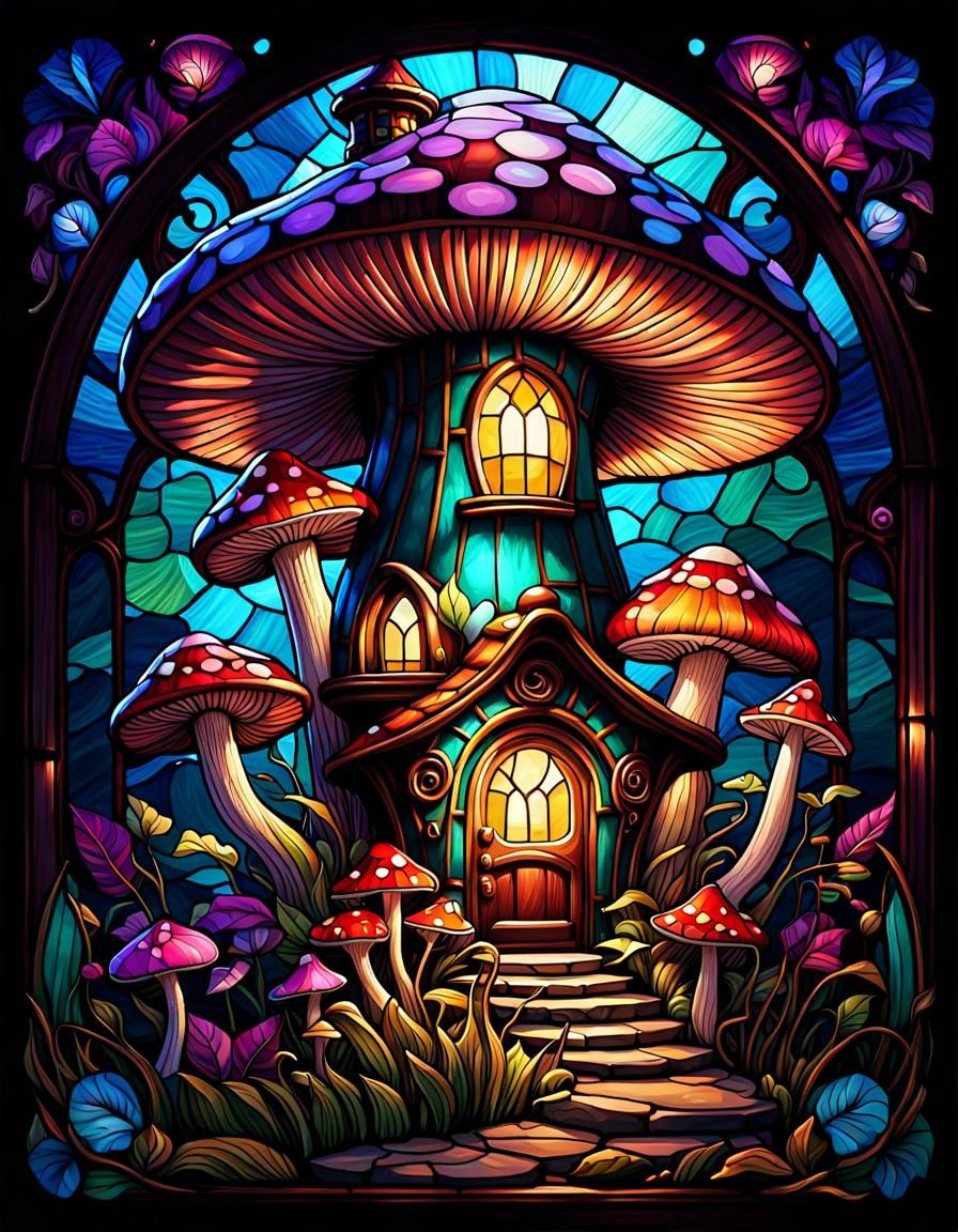 Stained Glass Mushroom House in Fantasy Style