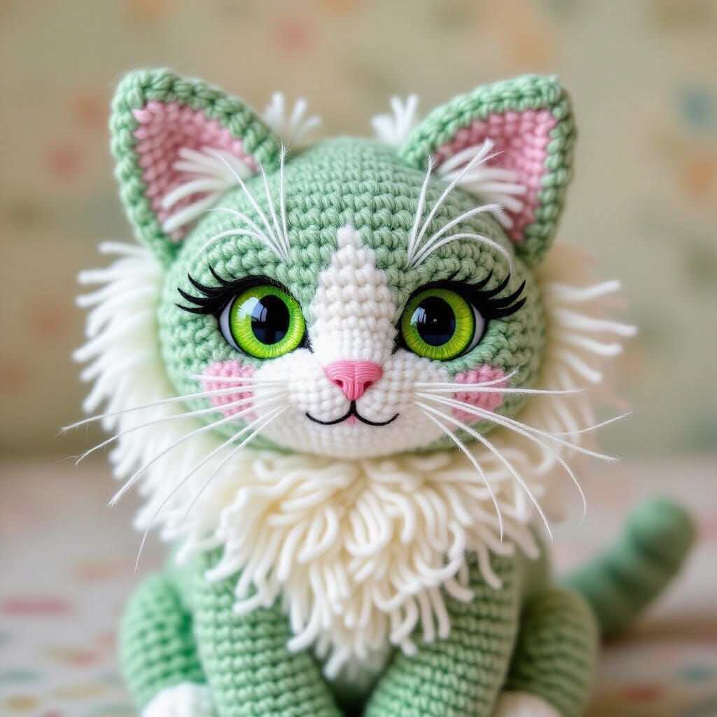Crochet Cat with Green Eyes, Whimsical Art