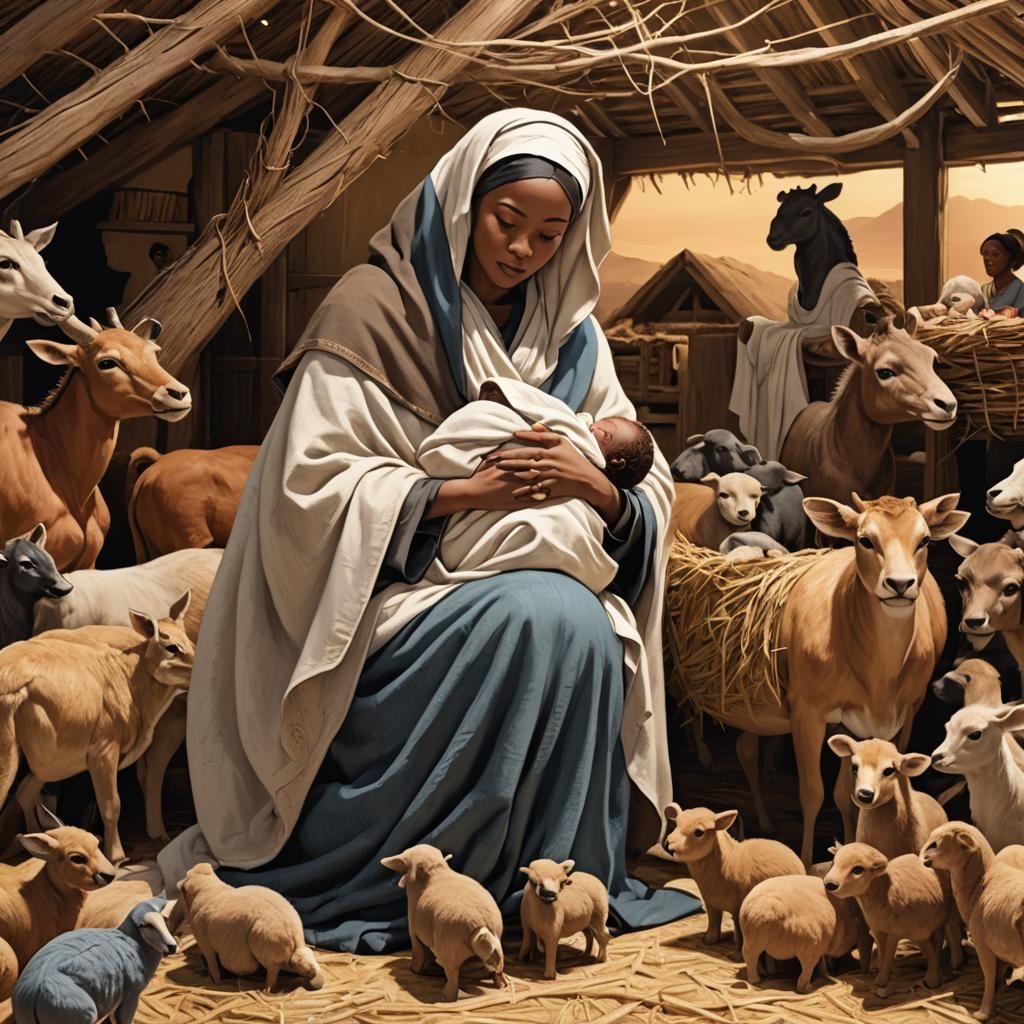 Sideview animation of African-American mary holding African-...