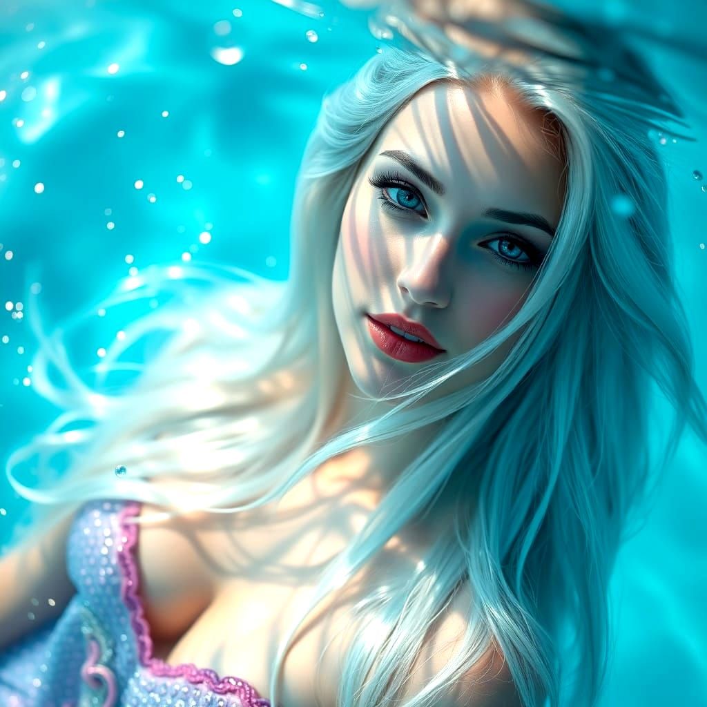 Ethereal Mermaid Portrait in Sparkling Blue Water