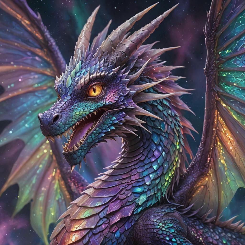 Iridescent Dragon Soaring Through Aurora Sky