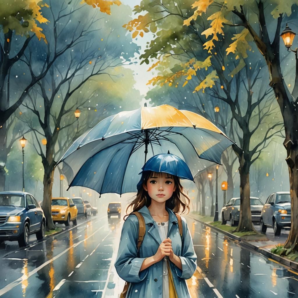 Girl With Umbrella on Rainy Road, Fantasy Art