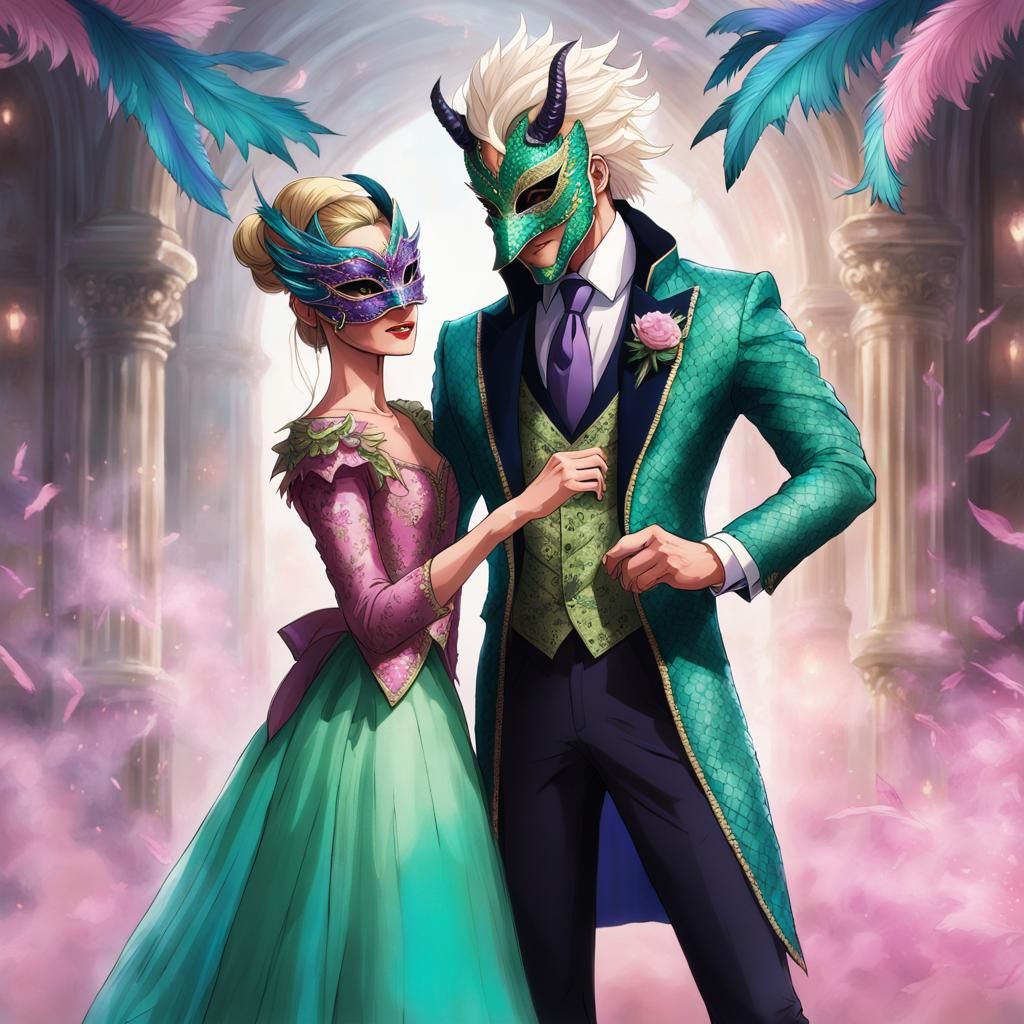 Dragon Masked Man Invites Woman to Dance