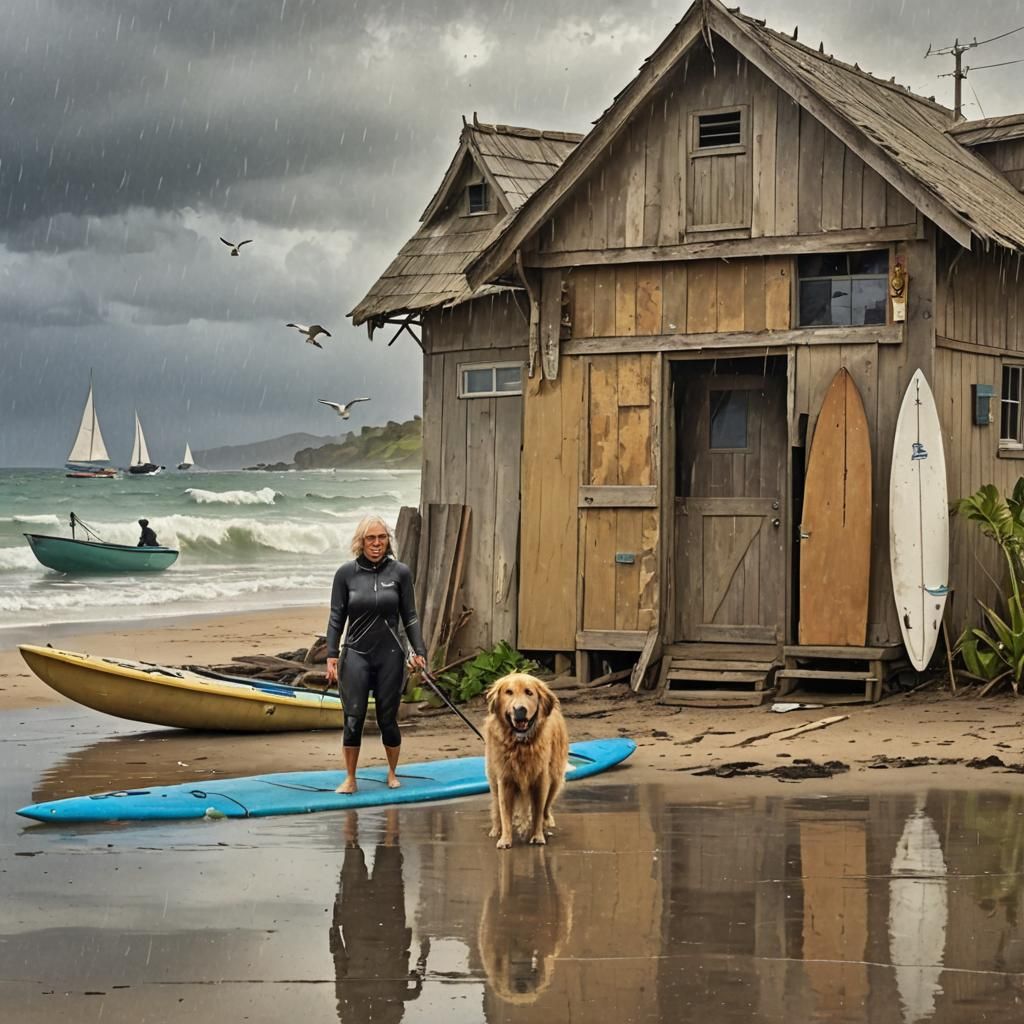 Hawaiian Beach Scene with Surfer and Dog