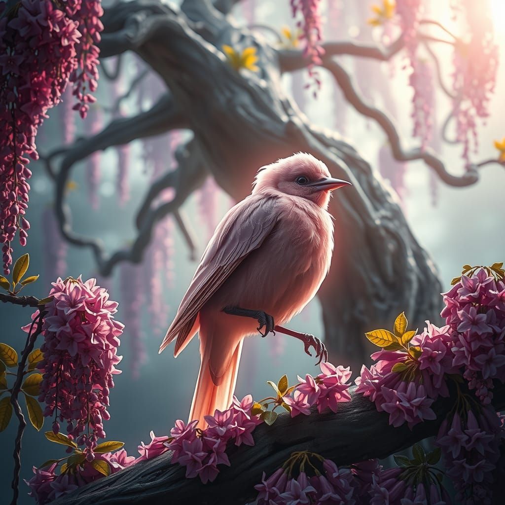 Fantastical Pink Bird on Mystical Tree