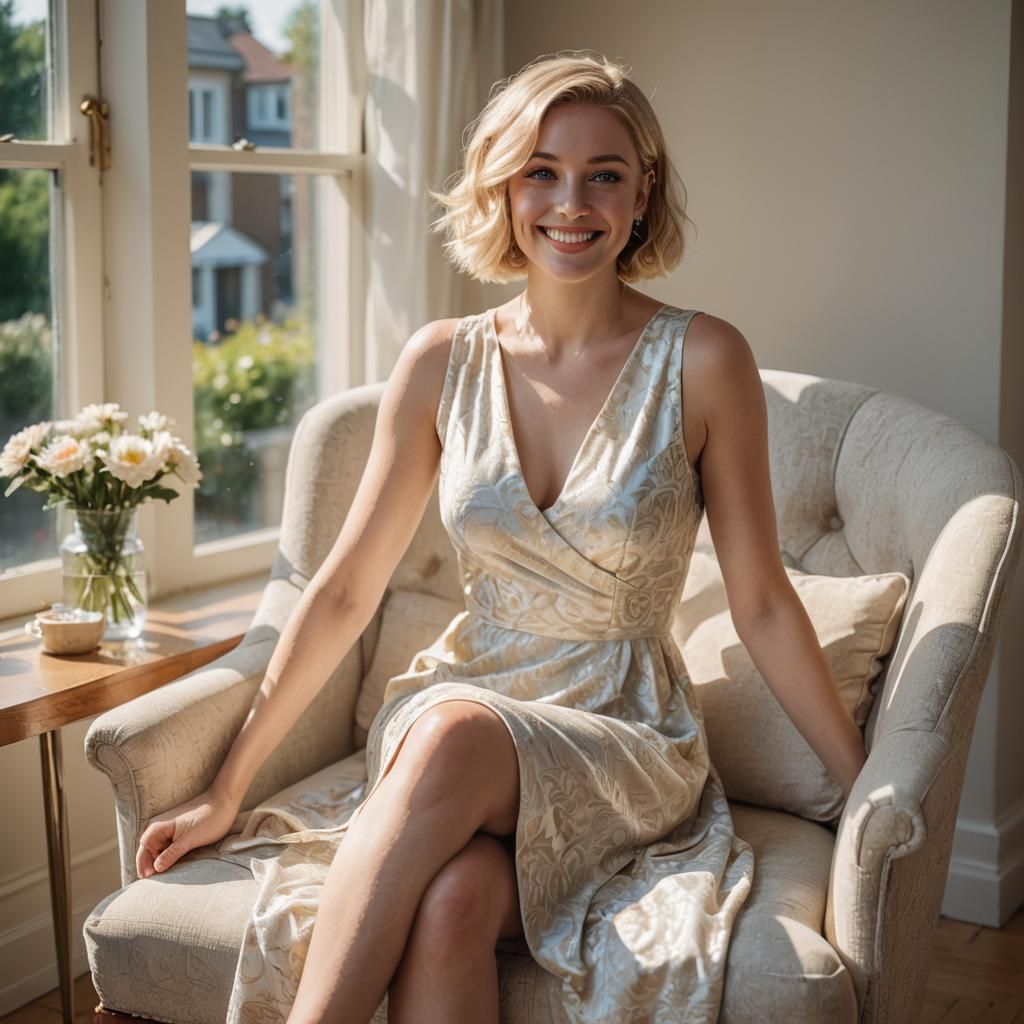 Smiling Woman with Blonde Bob in Sunlight
