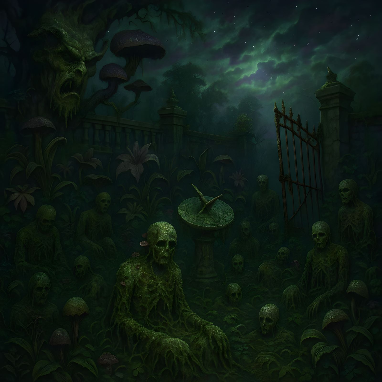 Nightmarish Victorian Garden with Decaying Figures