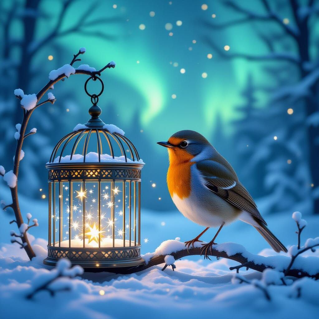 Enchanted Robin Gazes at Star-Filled Birdcage in Aurora Fore...