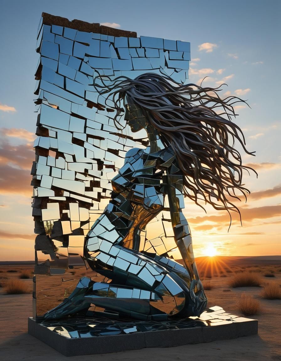Surreal Fragmented Sculpture of Woman by Sunset