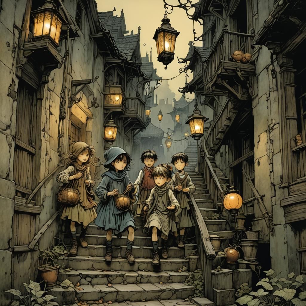 Children Climb Staircase with Lanterns, Fantasy Illustration