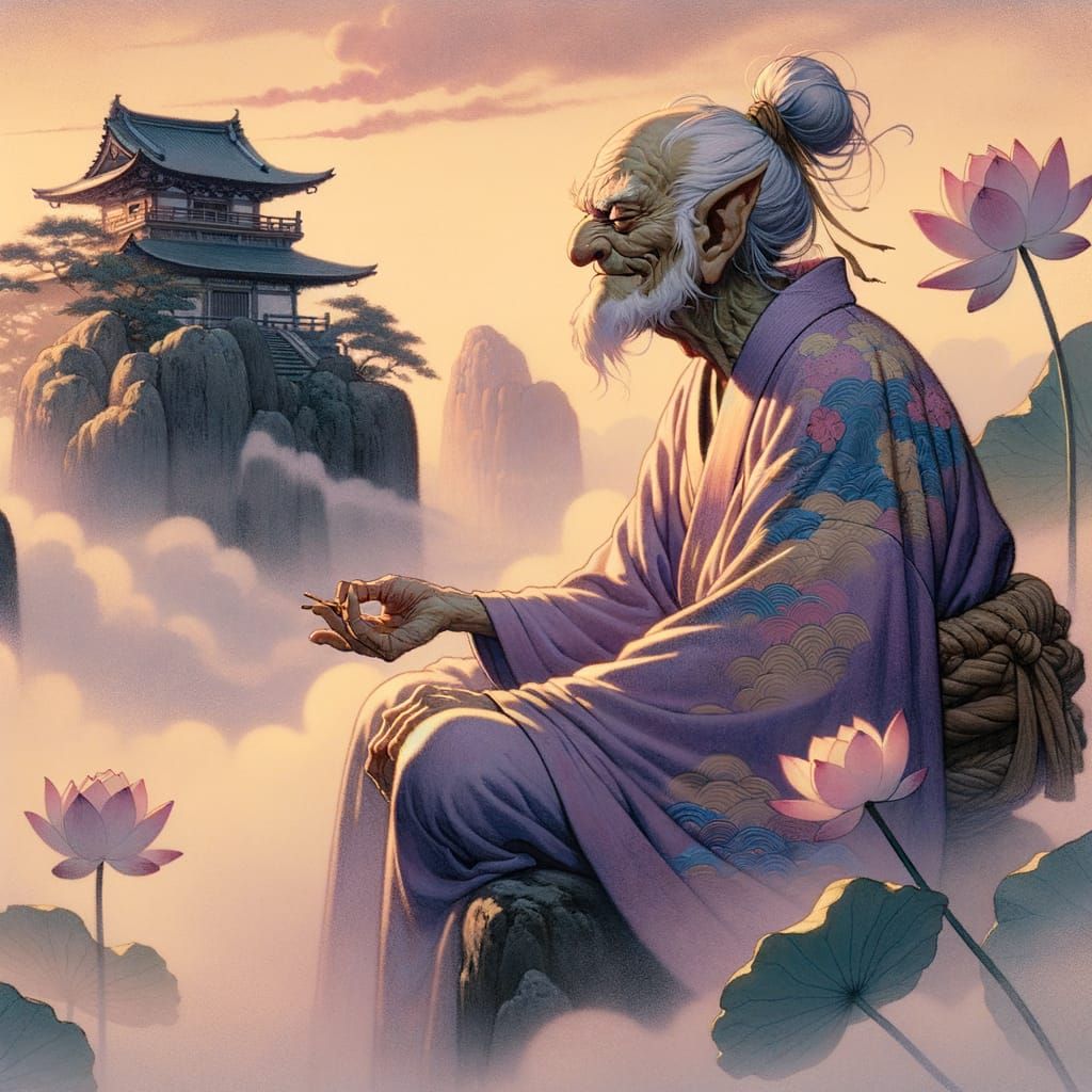 Goblin Meditating in Ukiyo-e Style on Cliffside Temple