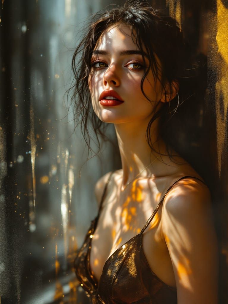 Swedish Pin-Up Woman in Gold Dress, Luminous Distortion