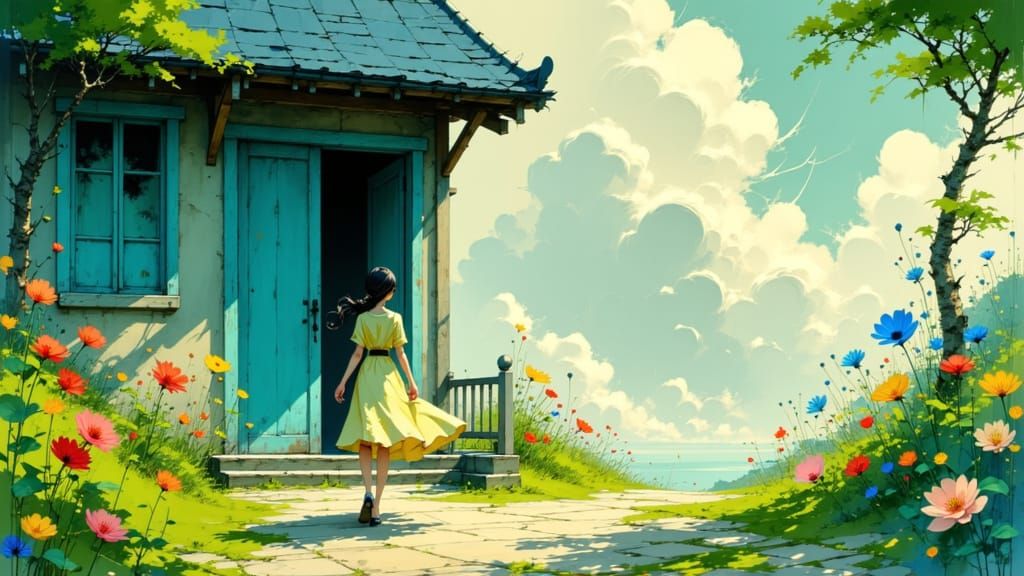 Woman Emerges into a Vibrant Garden Scene with Flowers in He...