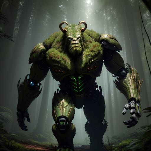Robot Bigfoot in Forest: Vivid Digital Painting