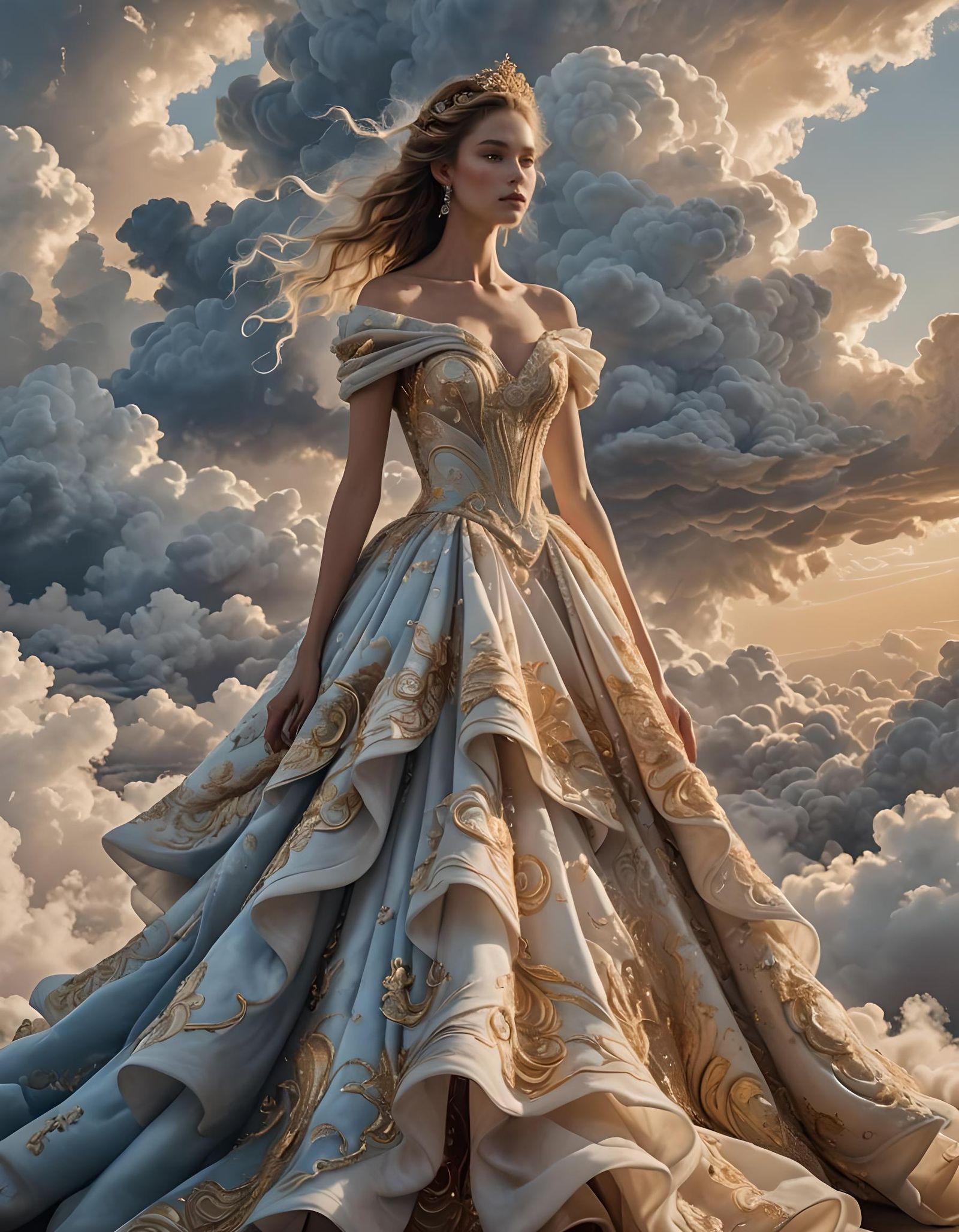 Regal Woman in Cloud Gown Under Golden Twilight