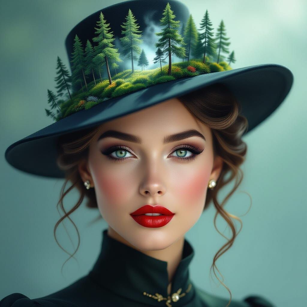 Woman with Miniature Forest Hat, Ultra-Realistic 8K Detail