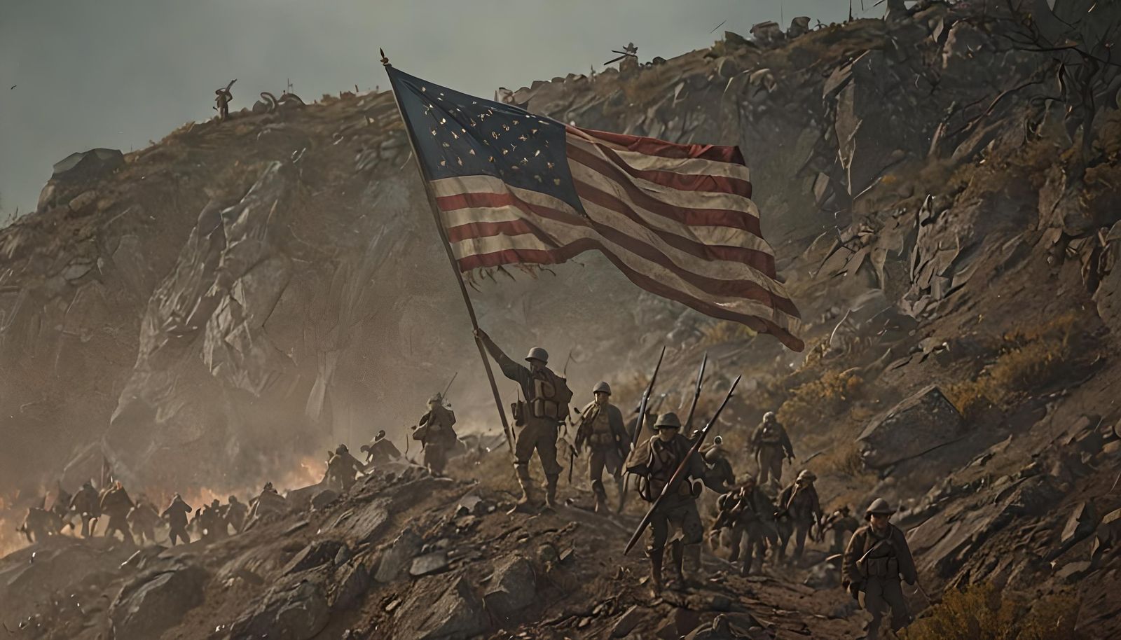 Soldiers Ascend Hill with American Flag: Matte Painting