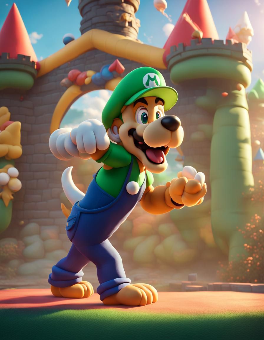 Luigi Dog Battles Bowser in Pixar 3D Art