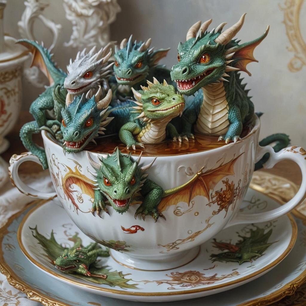 Dragons in a Teacup: Hyperrealistic Oil Painting