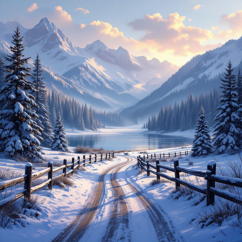 Winter Mountain Forest Sunrise with Dilapidated Fence