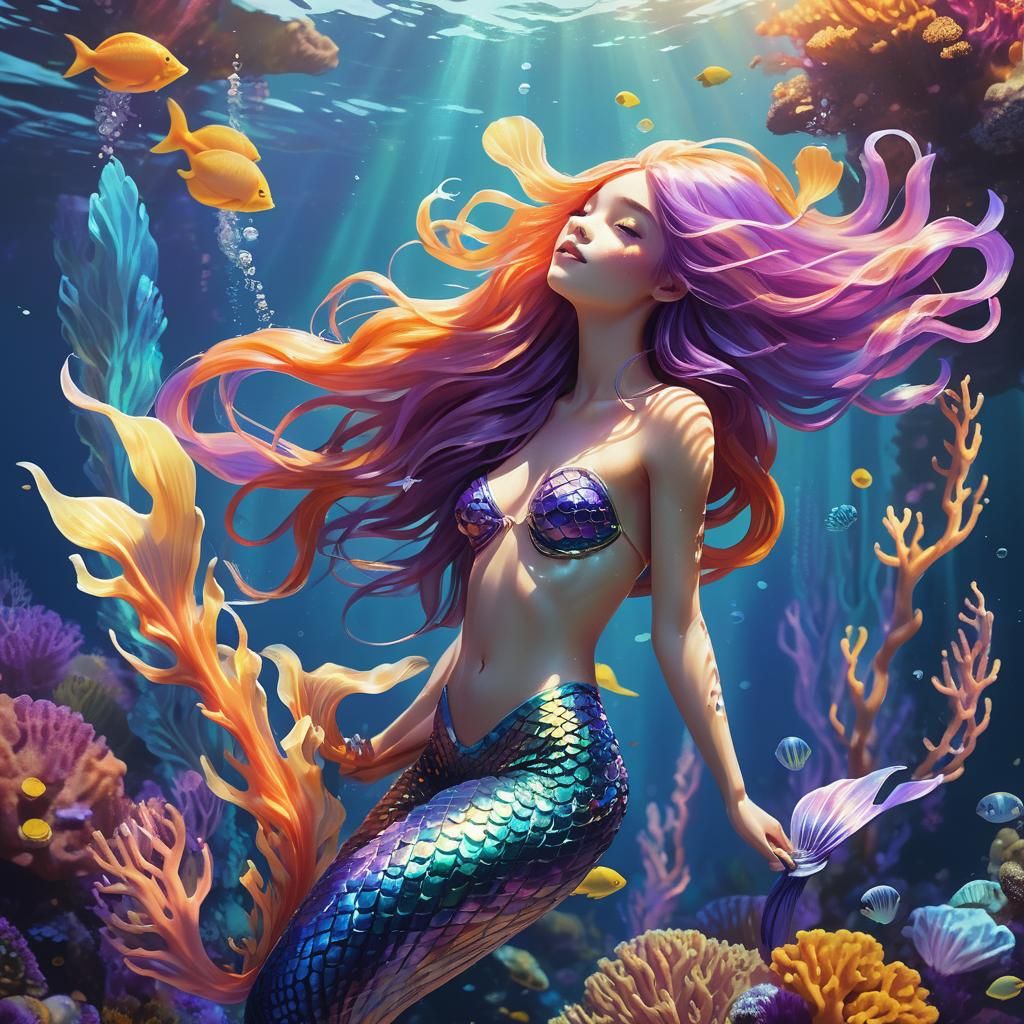 Violet-Haired Mermaid in a Glowing Coral Reef