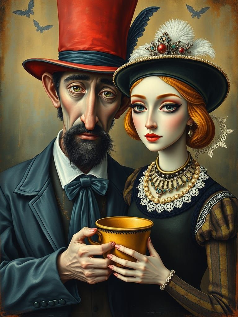 Whimsical Couple in Mythic Tarot Card Style