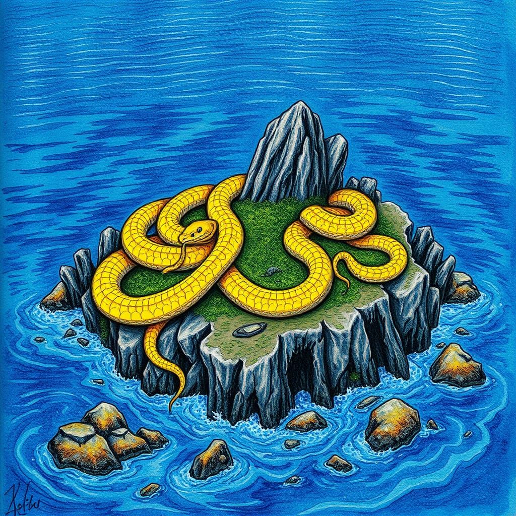 Surreal Snake Island with Bioluminescent Vipers in Pointilli...