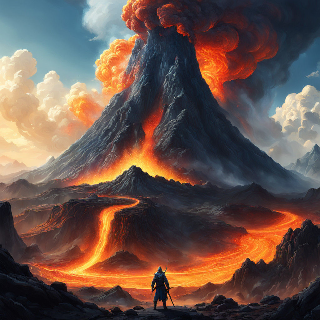 Glowing God Erupts from Blazing Volcano in Vibrant Fantasy
