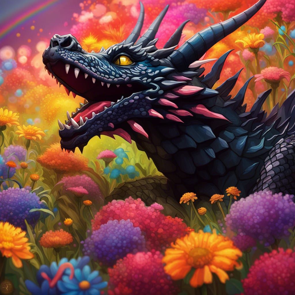 Black Dragon in Rainbow Flower Field: Hyperrealistic Splash ...