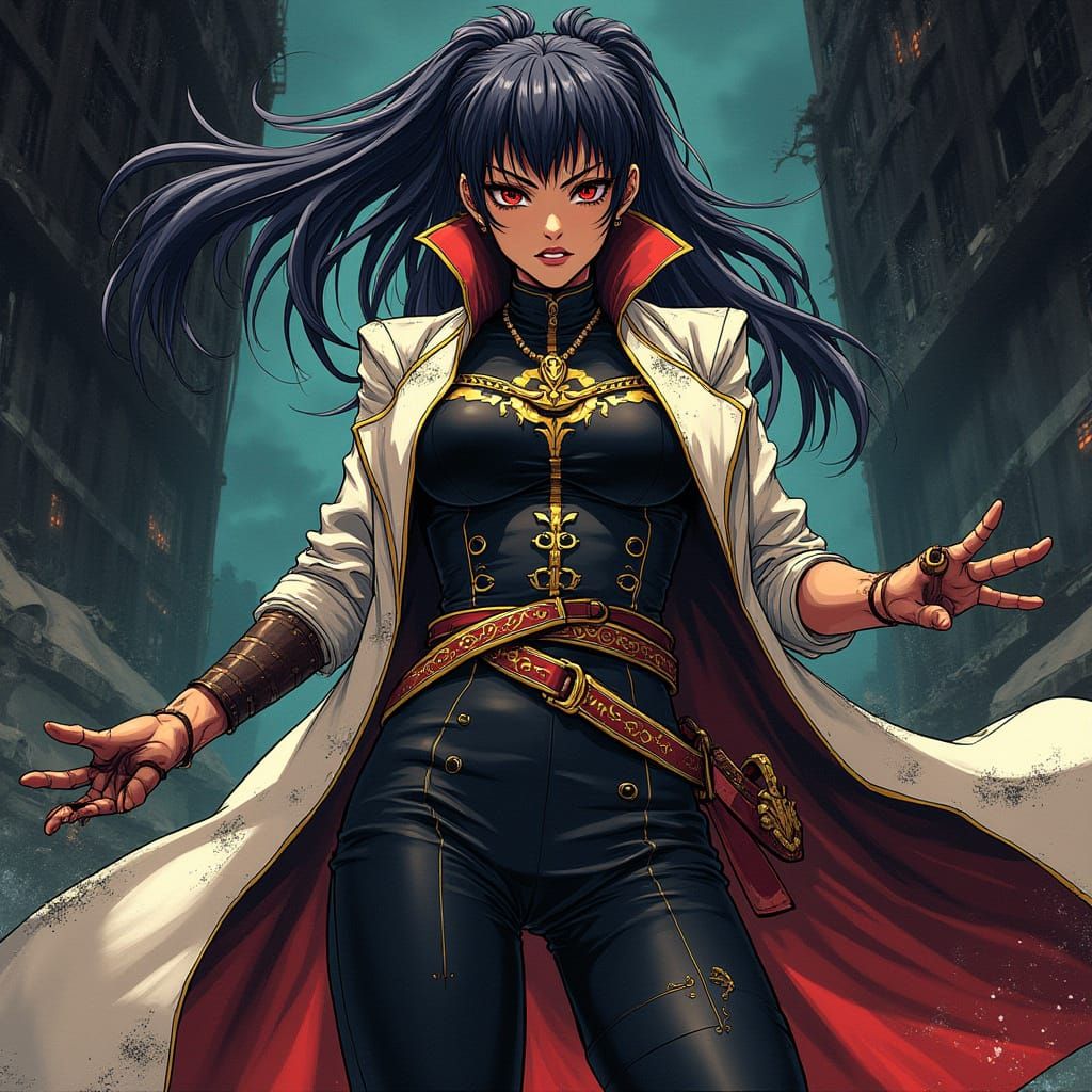 Powerful Anime Figure in Destroyed Cityscape