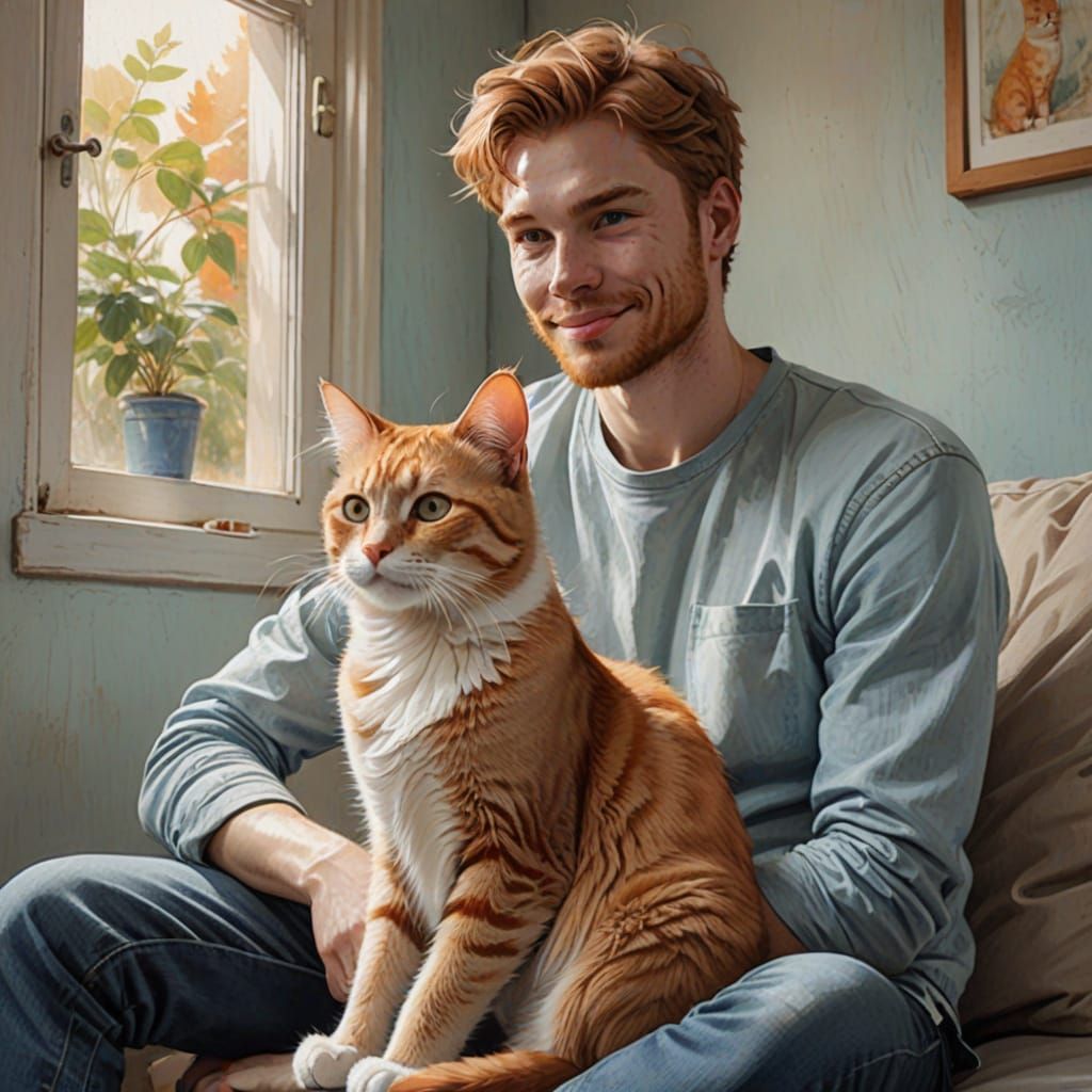 Pencil Drawing Portrait of Man with Ginger Cat