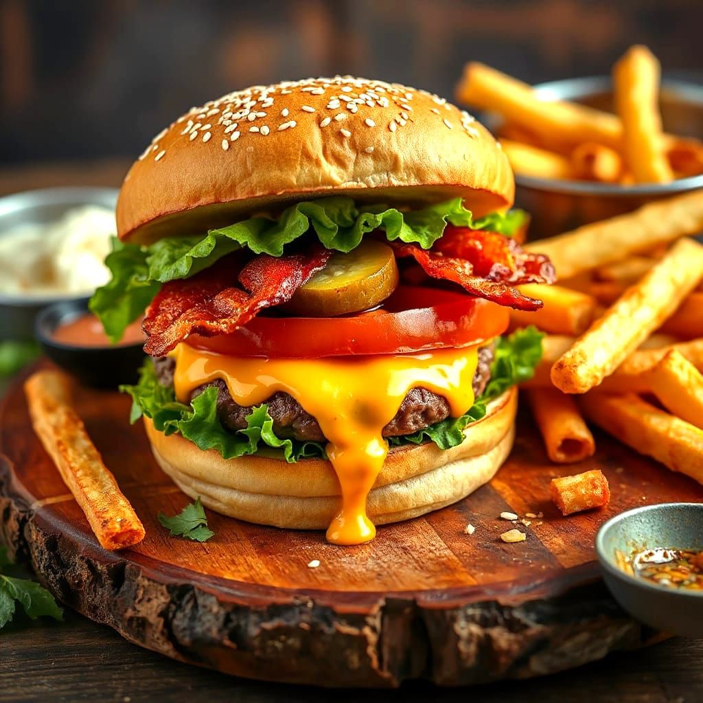 Savory Burger with Golden Fries on a Rustic Wooden Board