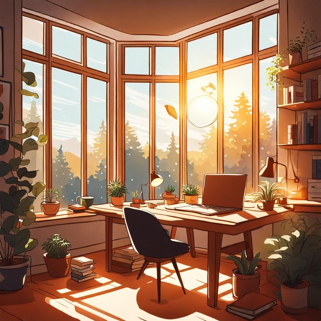 Lofi Home Office with Bay Window Light
