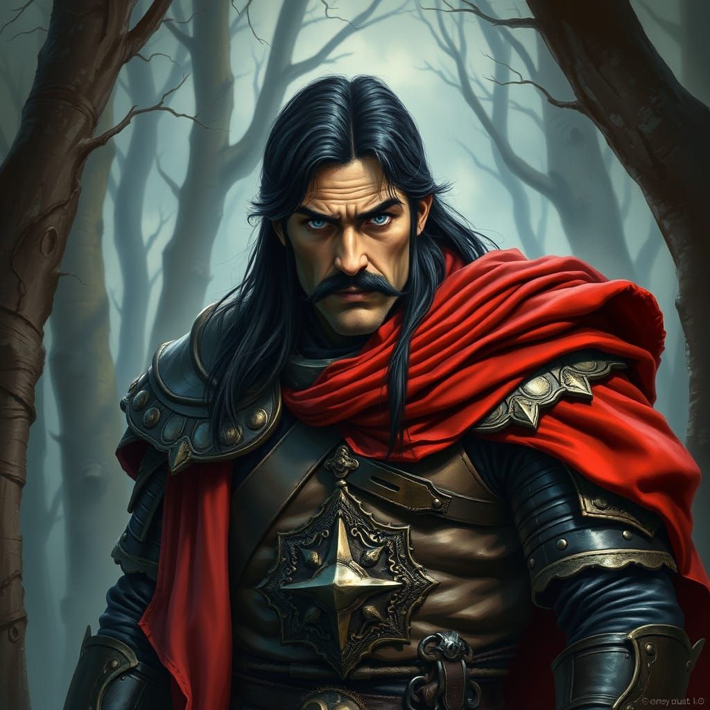 Medieval Bandit King in a Misty Forest