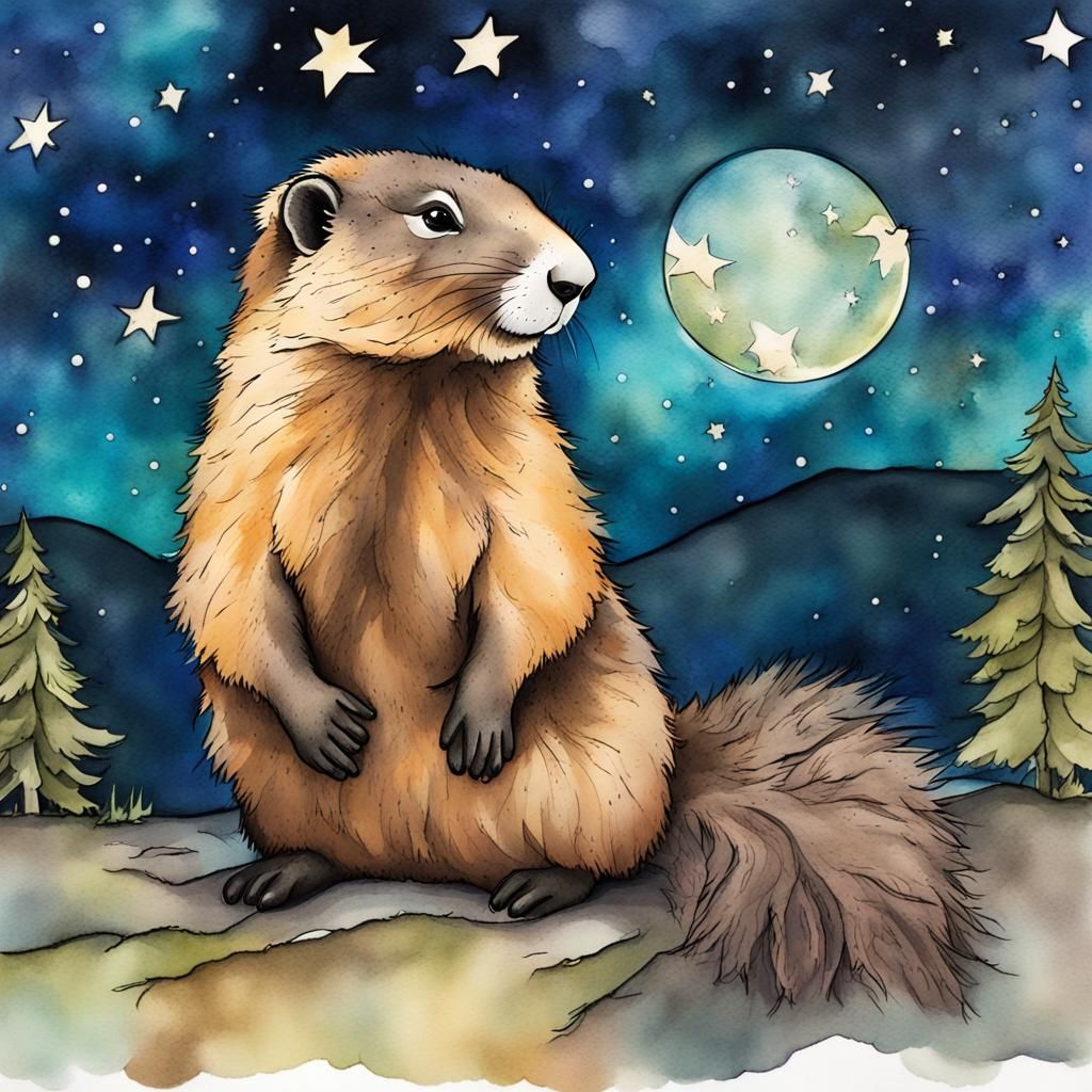 Marmot in Starry Night Sky, Alcohol Ink Art