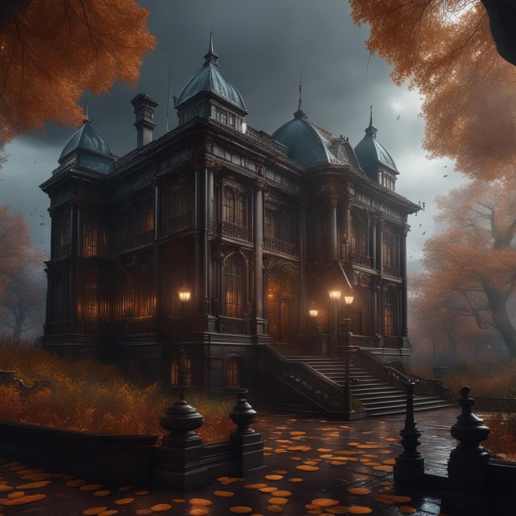 Dark Academia Library in Autumn Rain