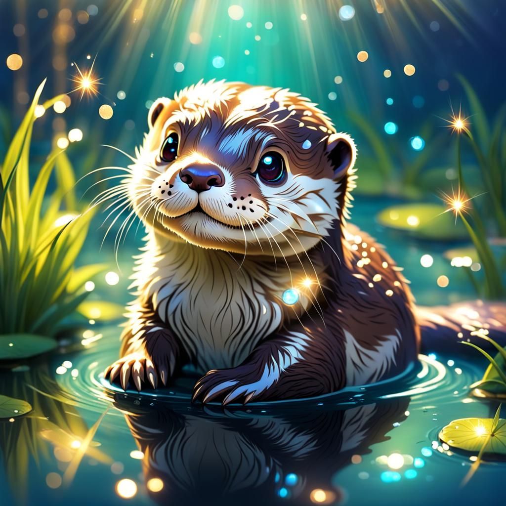 Whimsical Baby Otter in Enchanted Pond