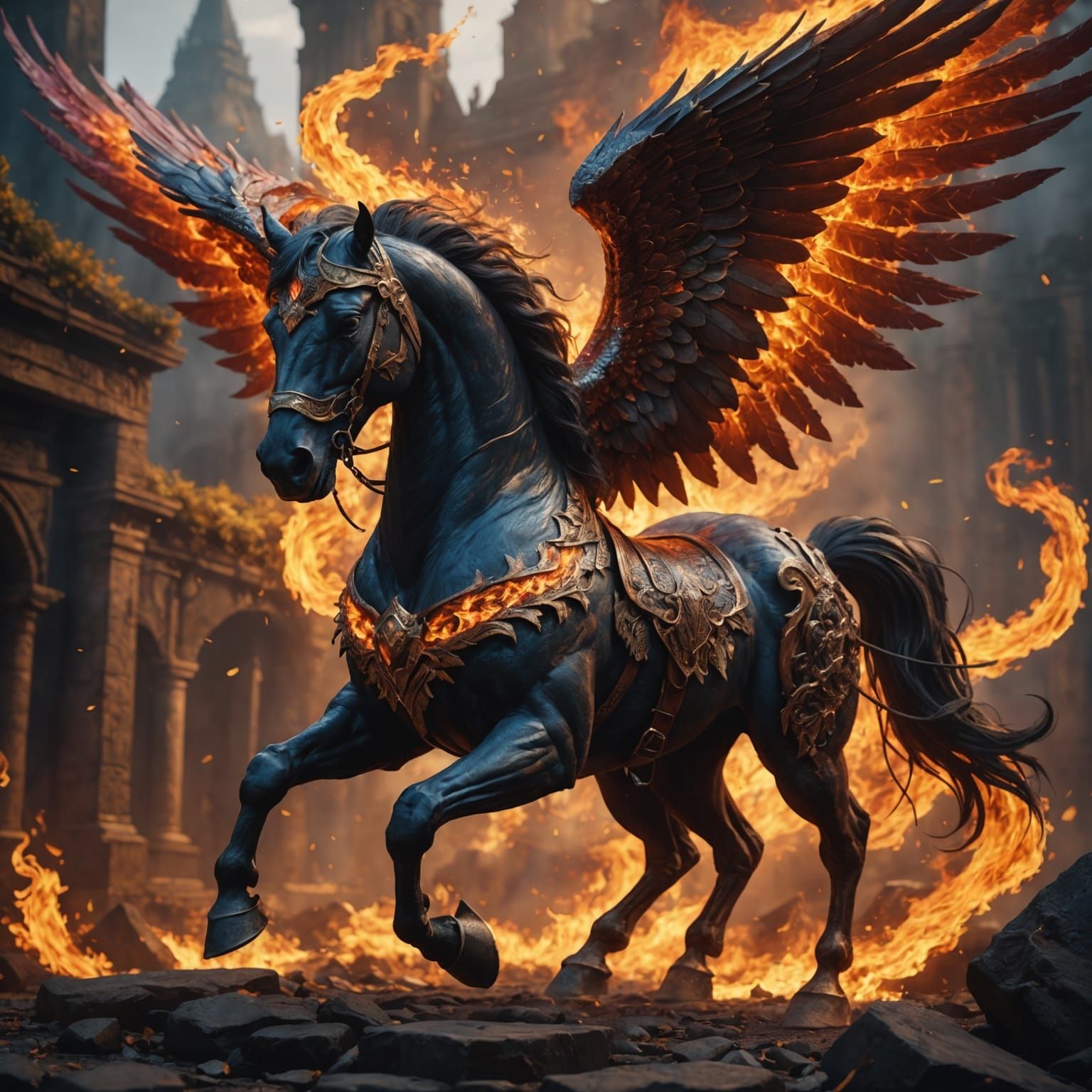 Winged Fire Horse: Detailed Fantasy Concept Art