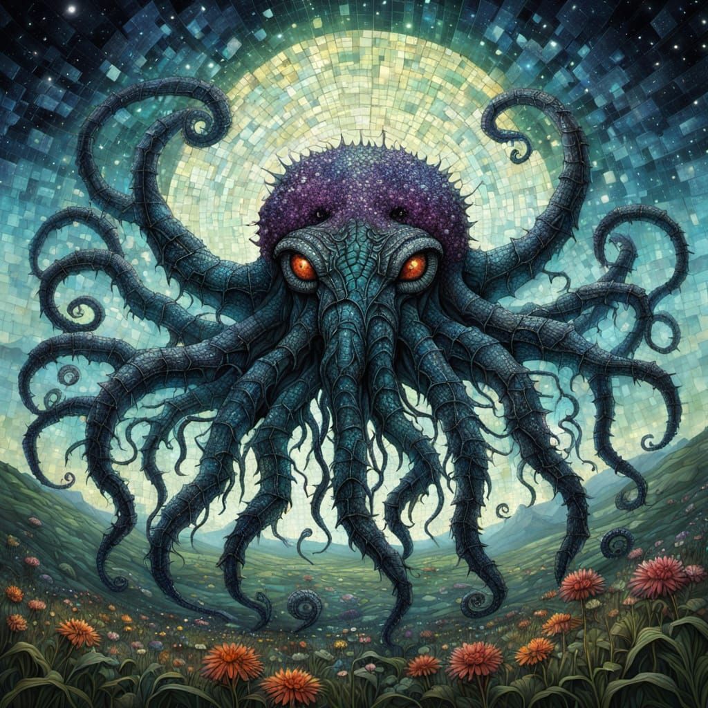 Glitter-infused Glass Shard Mosaic of Shub Niggurath Descending On The Prairie Fields Of Madness II