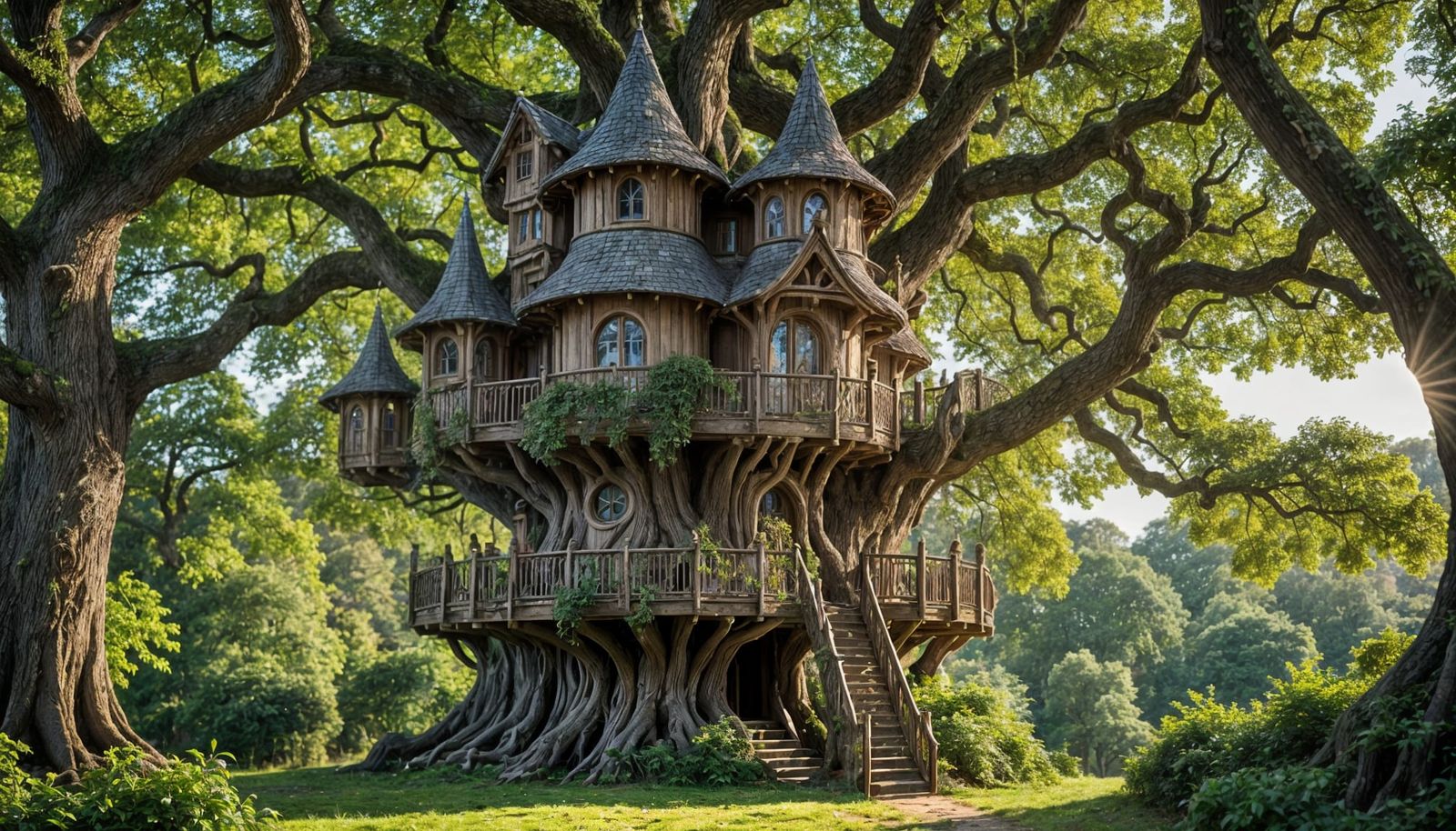 Elven Oak Treehouse Amidst Forest Canopy